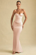 Draped Low-Rise Maxi Skirt in Beige Gold