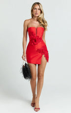 Dolores Mini Dress - Strapless Plunge Bodycon Leg Split Dress in Red