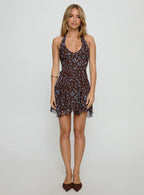 Valorie Halter Mini Dress Brown Floral