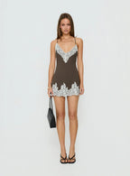 Call My Lover Lace Slip Mini Dress Brown / Cream
