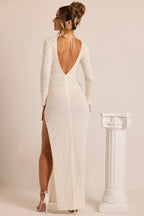 Kateproms Embellished Long Sleeve Backless Maxi Dress in White
