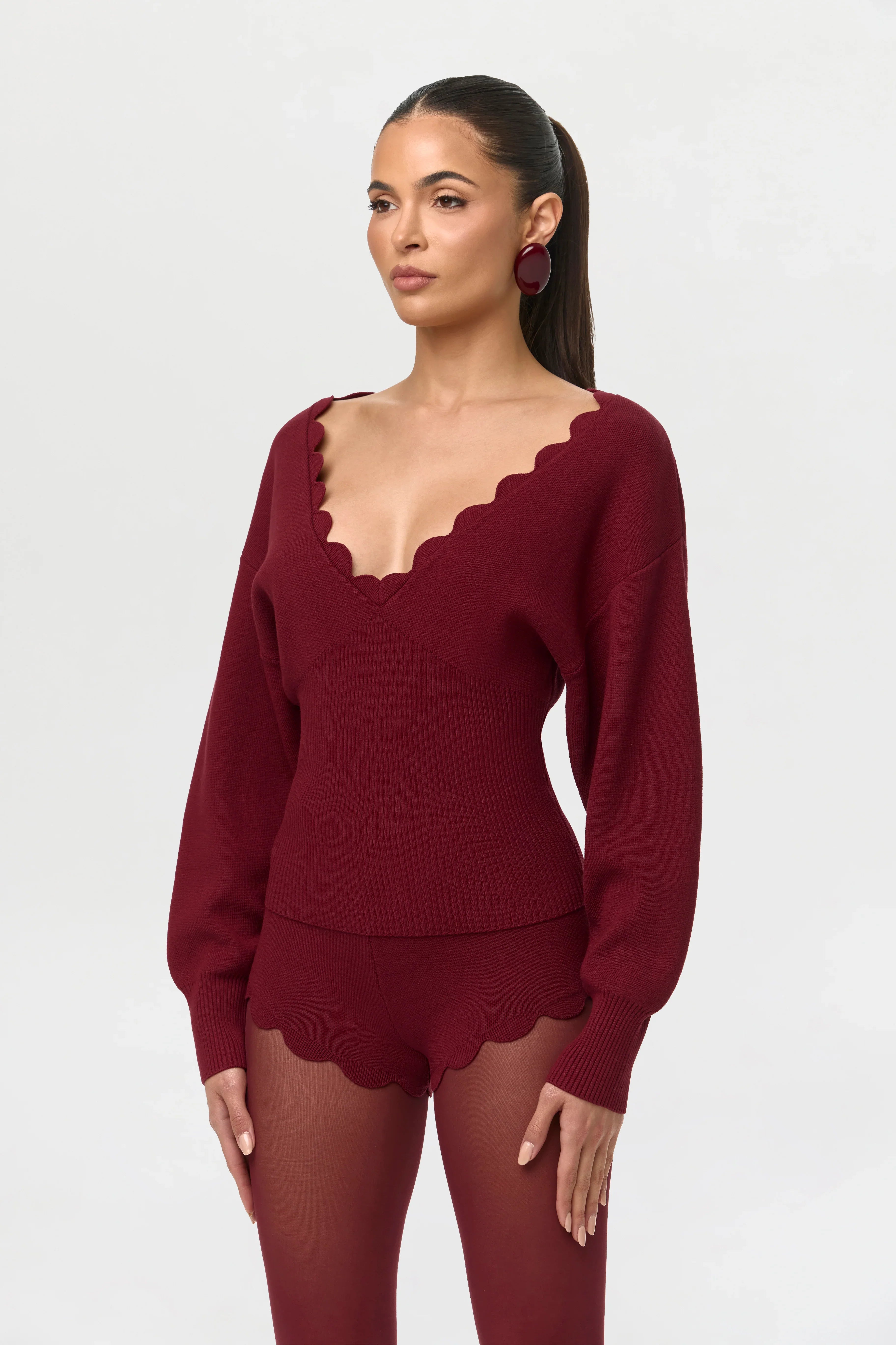 Ribbed-Knit V-Neck Scallop Sweater