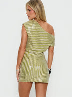 Speed Dial Off Shoulder Sequin Mini Dress Green Stripe