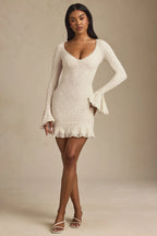 Long-Sleeve Ruffled Lace Mini Dress in Ivory