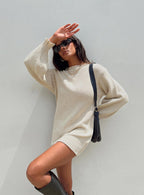 Harmony Balloon Sleeve Knit Mini Dress Beige