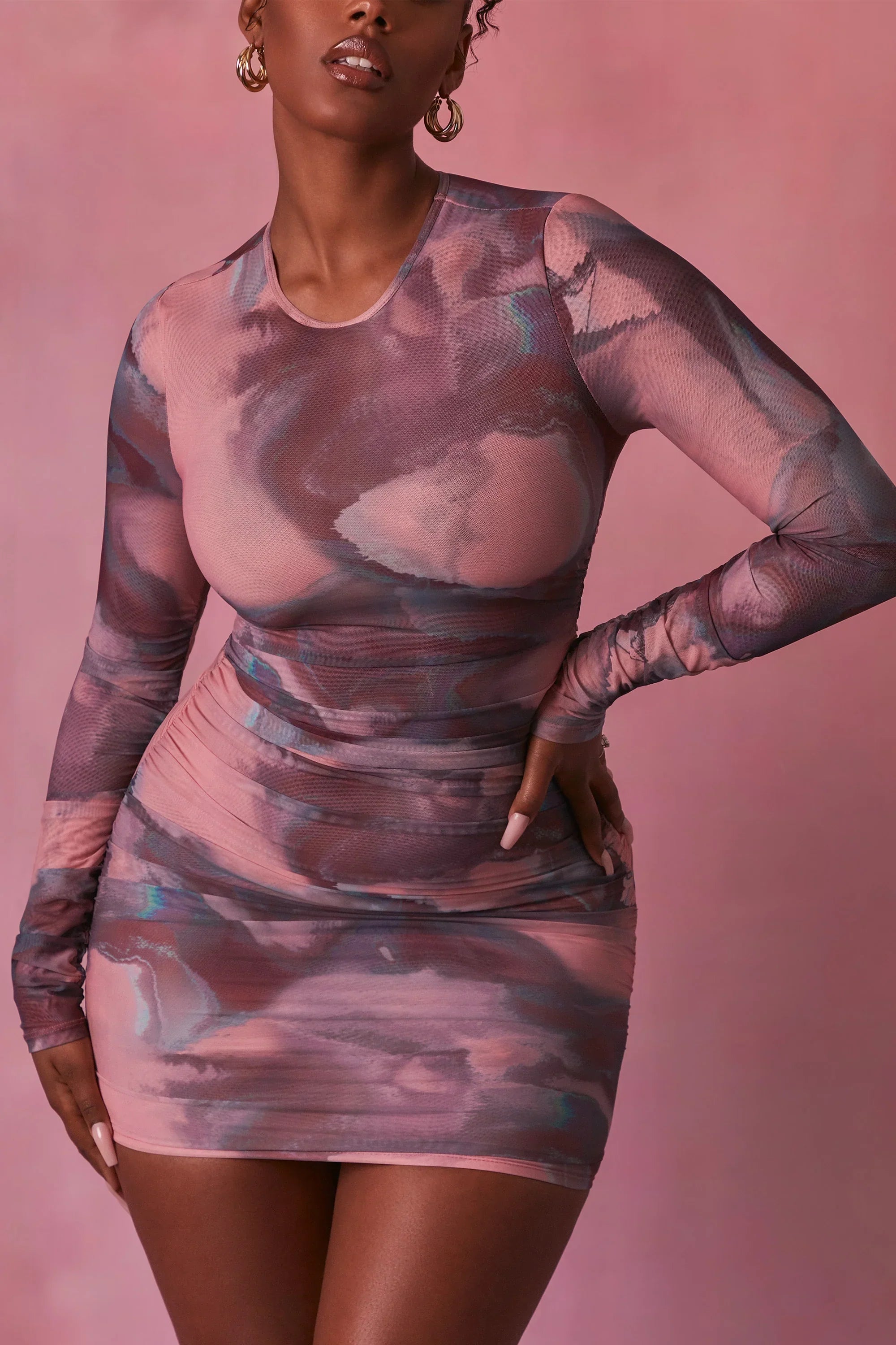 Constellations Long Sleeve Bodycon Ruched Mesh Mini Dress in Blush