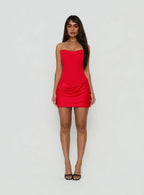 Delmina Strapless Drop Waist Satin Mini Dress Red