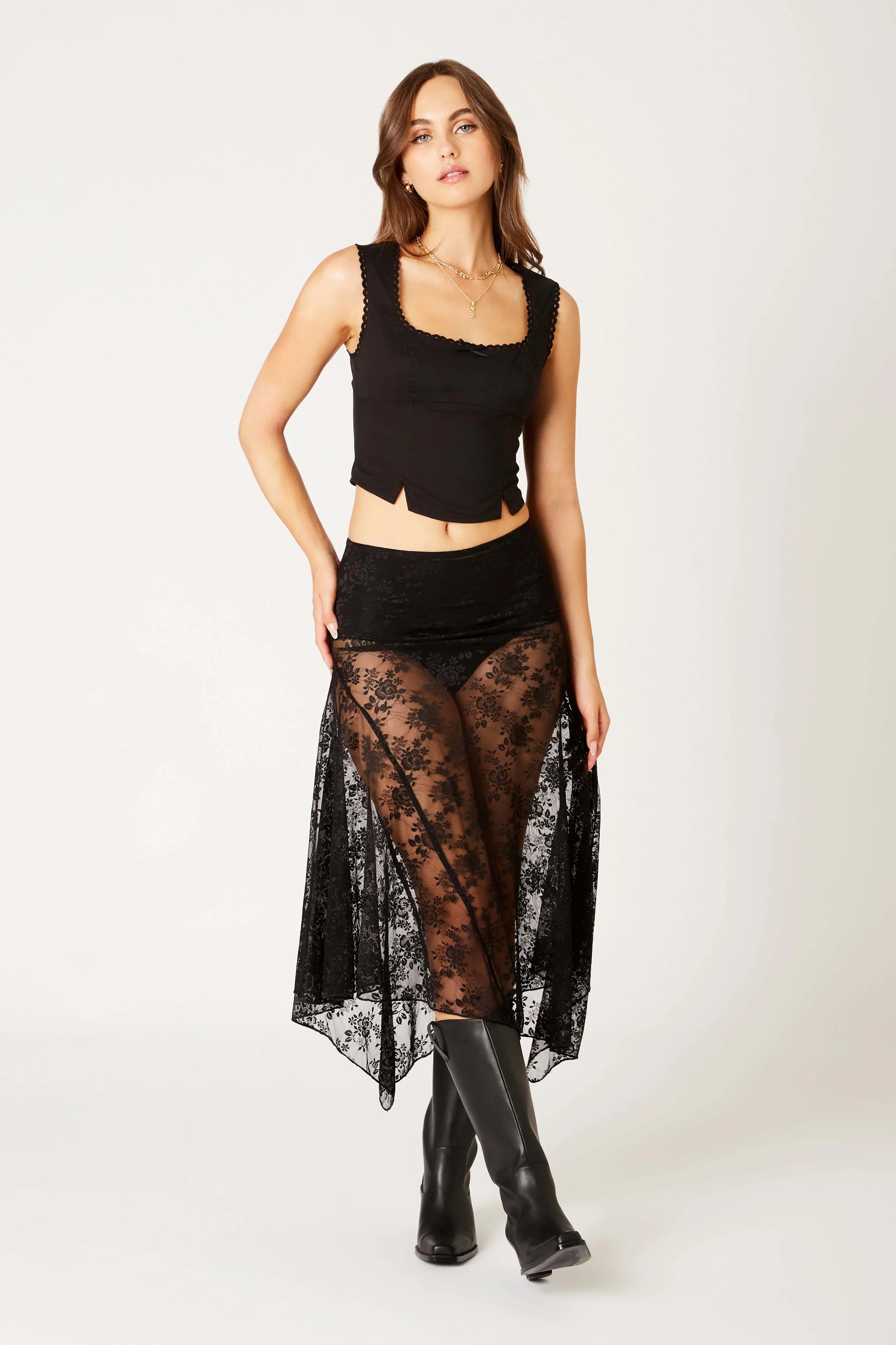 Lace Asymmetrical Midi Skirt
