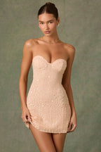 Embellished Sweetheart-Neck A-Line Mini Dress in Apricot