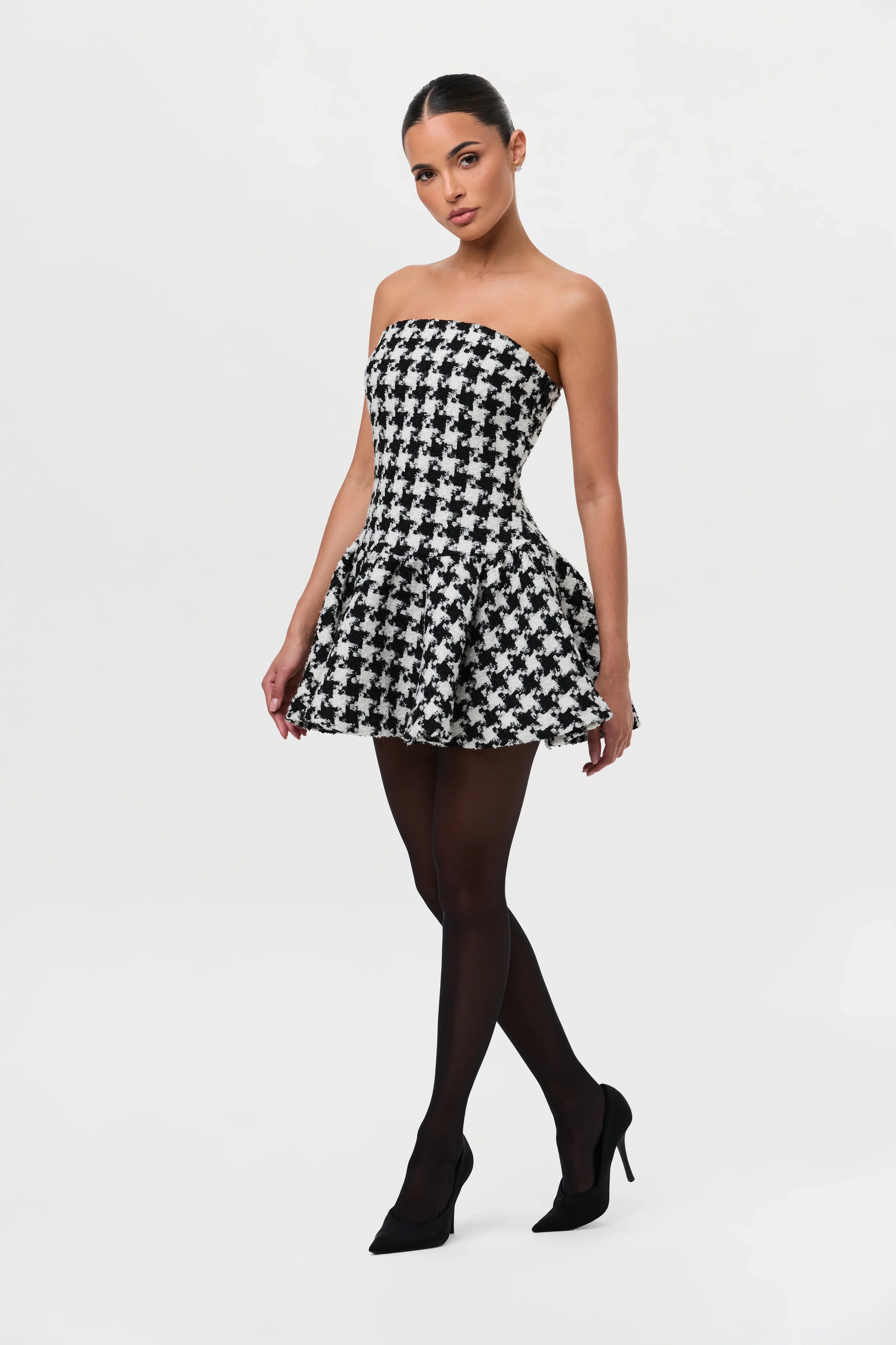 Houndstooth Peplum Tube Mini Dress