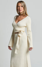 Andreia Midi Dress - Knitted Wrap Long Sleeve Dress in Cream