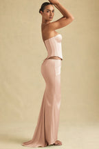Draped Low-Rise Maxi Skirt in Beige Gold