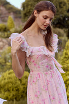 Anya Tecel Lace Floral Midi Dress in Pink