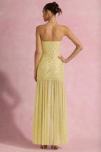 Semi-Sheer Embellished Asymmetric Maxi Dress in Yellow