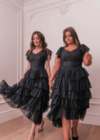 Romantic Ruffle Tiered Lace Midi Dress – Burgundy / Apricot / Black