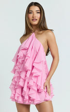 Carlson Mini Dress - Halter Neck Ruffle Tiered Dress in Pink