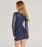 Dazzling Glam Long Sleeve Rhinestone Mesh Mini Dress
