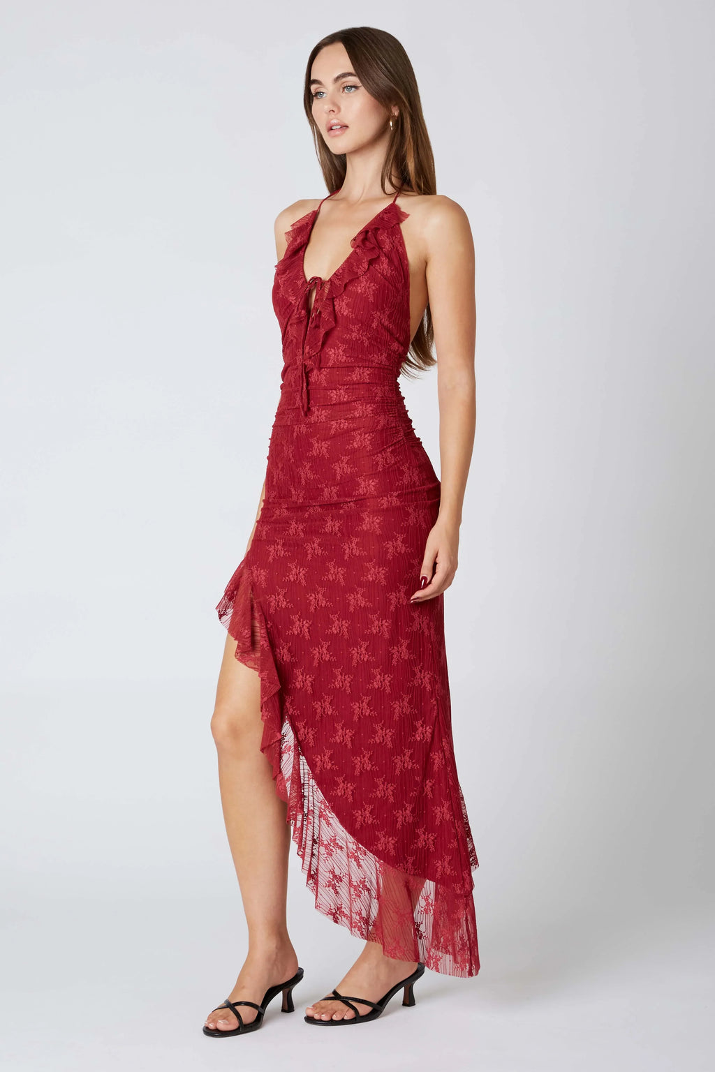 Lace Halter Asymmetrical Midi Dress