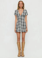Twist Of Fate V Neck Mini Dress Navy Plaid
