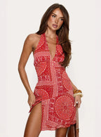 Alvira Halter Mini Dress Red Paisley