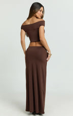 Chaney Top and Skirt Set - Twist Front Off Shoulder Top and Gathered Maxi Skirt Set in Chocolate