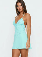 Margherita Diamante Detail Crossover Back Mini Dress Blue