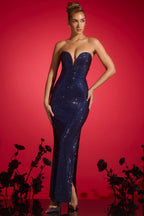 Embellished Plunge Gown in Navy