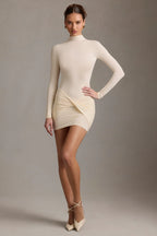 Ruched Backless Turtleneck Mini Dress in Ivory