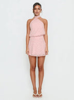 Eurythmic Scarf Halter Mini Dress Pink Jacquard