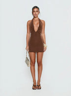 French 75 Plunge Halter Mini Dress Chocolate