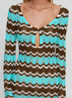 Suka Long Sleeve Knit Mini Dress Brown / Blue