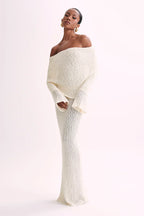 Off-Shoulder Ribbed Bouclé Maxi Dress with Flared Sleeves