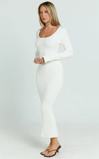 Kister Midi Dress - Long Sleeve Twist Back Dress in Ivory