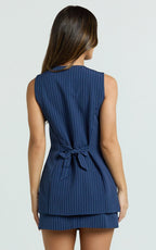 Francine Two Piece Top and Skirt Set - Longline V Neck Top And High Waist Mini Skirt Set in Navy