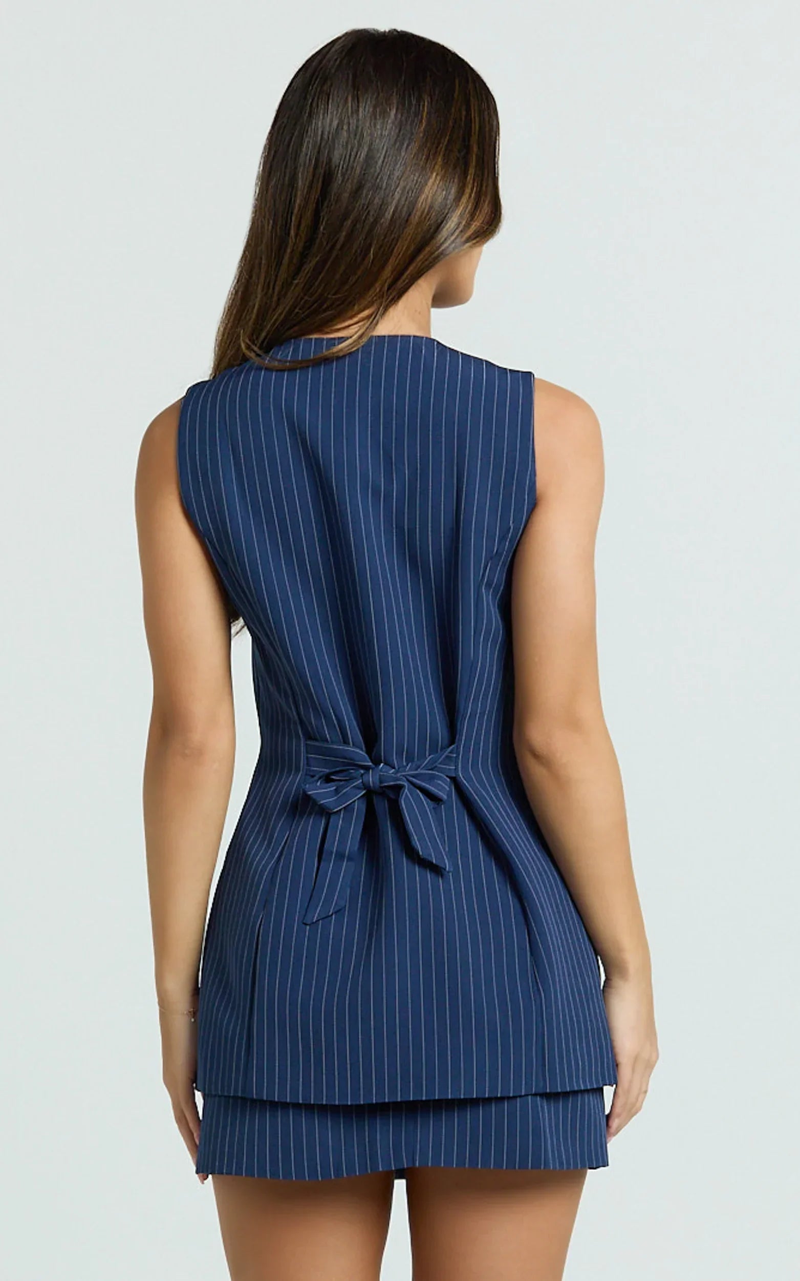 Francine Two Piece Top and Skirt Set - Longline V Neck Top And High Waist Mini Skirt Set in Navy