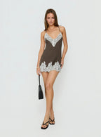 Call My Lover Lace Slip Mini Dress Brown / Cream