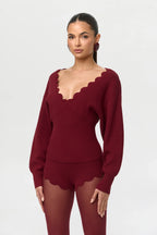 Ribbed-Knit V-Neck Scallop Sweater
