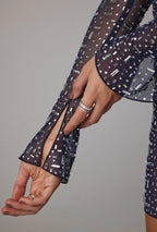 Sheer Embellished Long Sleeve A-Line Mini Dress in Navy