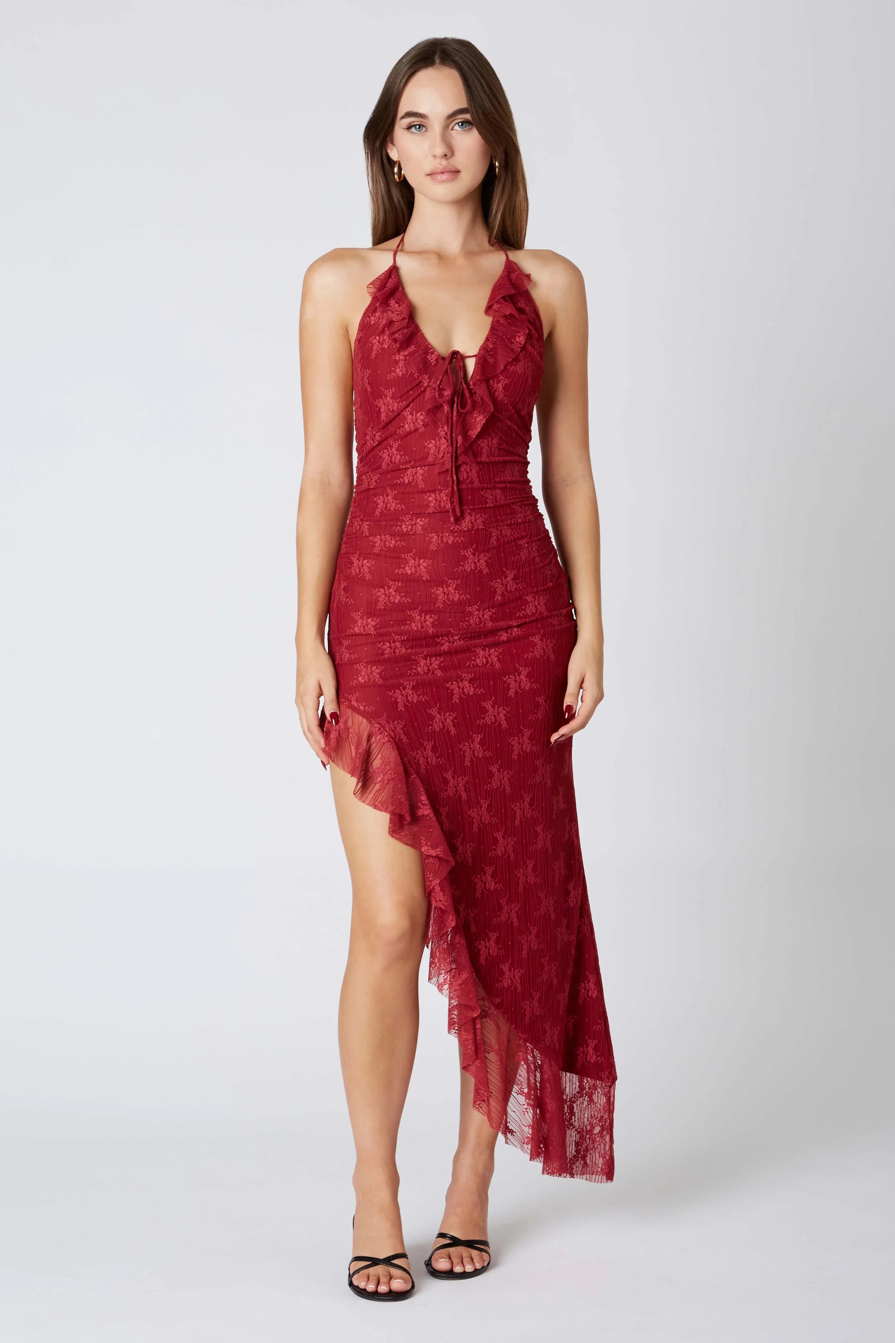 Lace Halter Asymmetrical Midi Dress