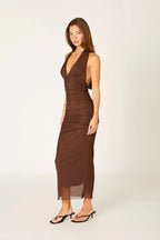 Ruched Mesh Midi Dress