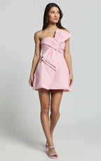 Chika Mini Dress - Linen Strapless Front Bow Dress in Soft Pink