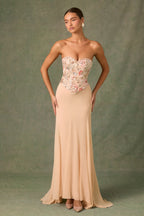 Embellished Corset Fishtail Gown in Floral Beige