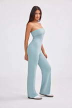 Bandeau Kick Flare Chunky Knit Jumpsuit in Dusty Teal