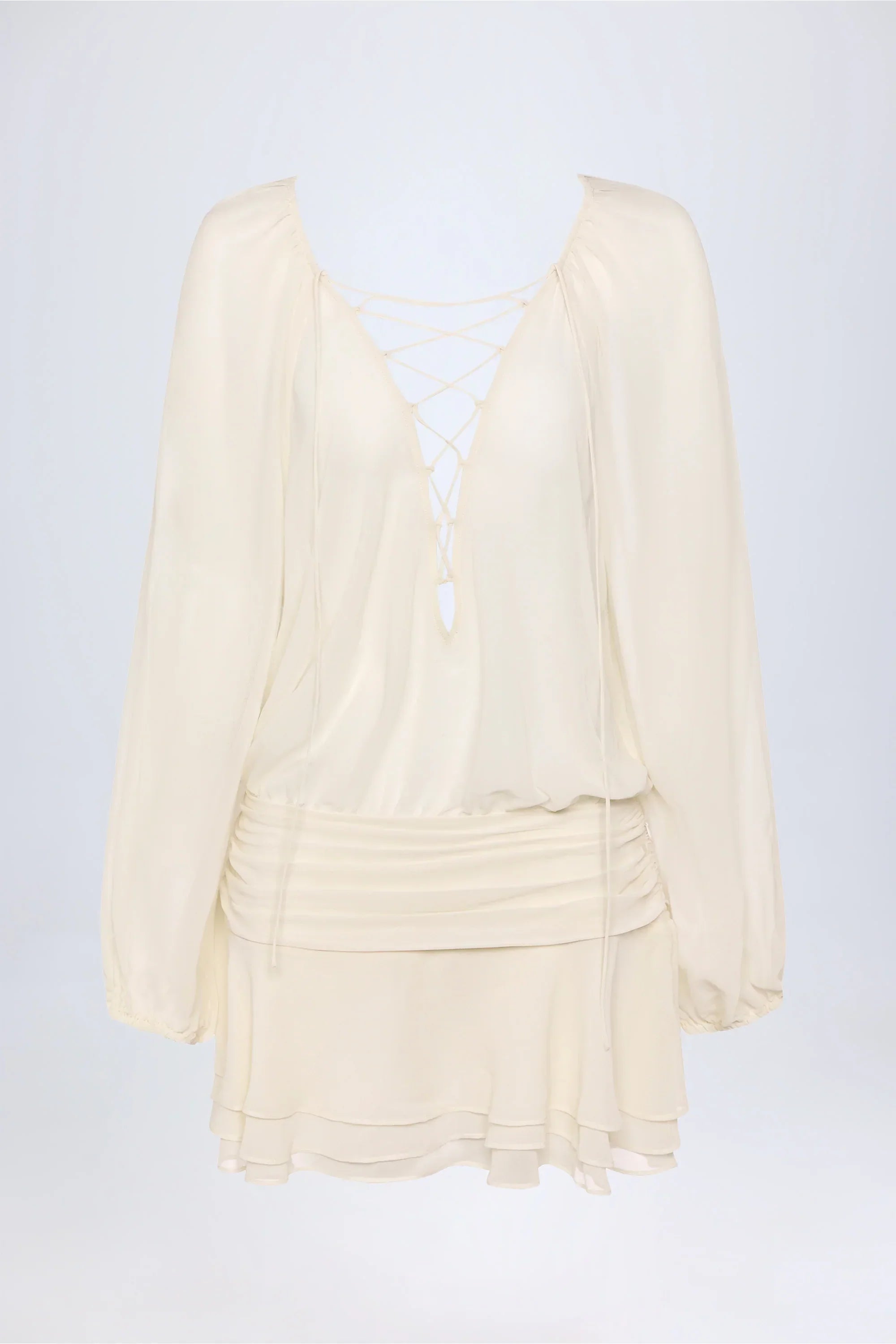 Lace-Up Balloon-Sleeve Mini Dress in Ivory