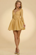 Plunge Neck Tulle Mini Dress in Gold