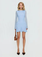 Evita Long Sleeve Pleat Mini Dress Sky Blue