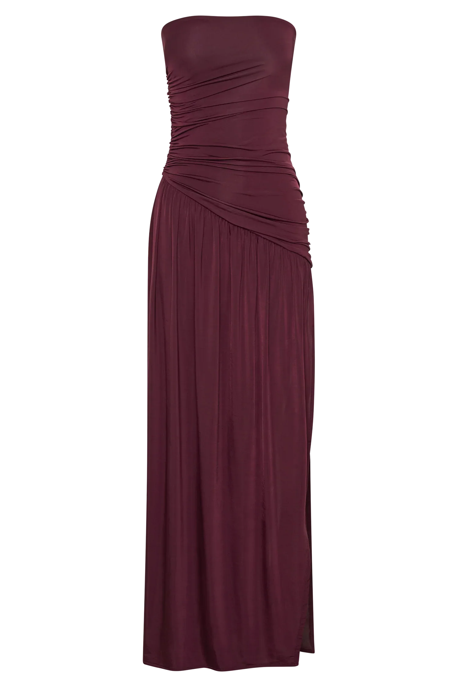 Bex Strapless Slinky Maxi Dress With Split - Burgundy