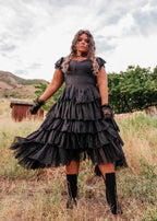 Romantic Ruffle Tiered Lace Midi Dress – Burgundy / Apricot / Black