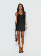Adette V Neck Satin Mini Dress Black
