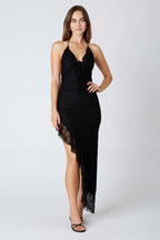 Lace Halter Asymmetrical Midi Dress